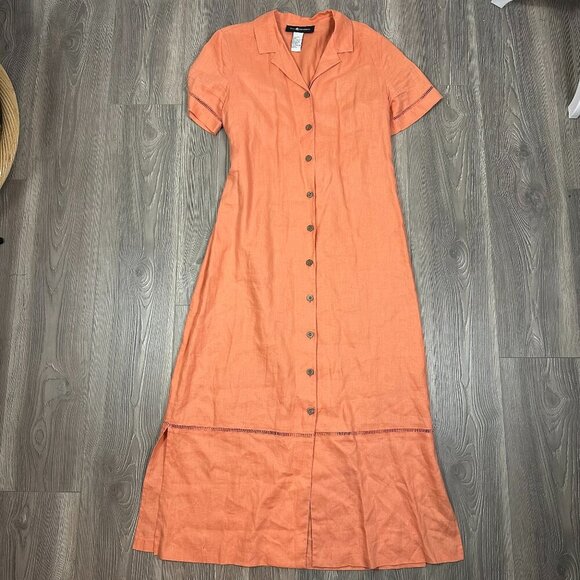 Sag Harbor Coral Linen Button Down Midi Dress 12 - Picture 1 of 5